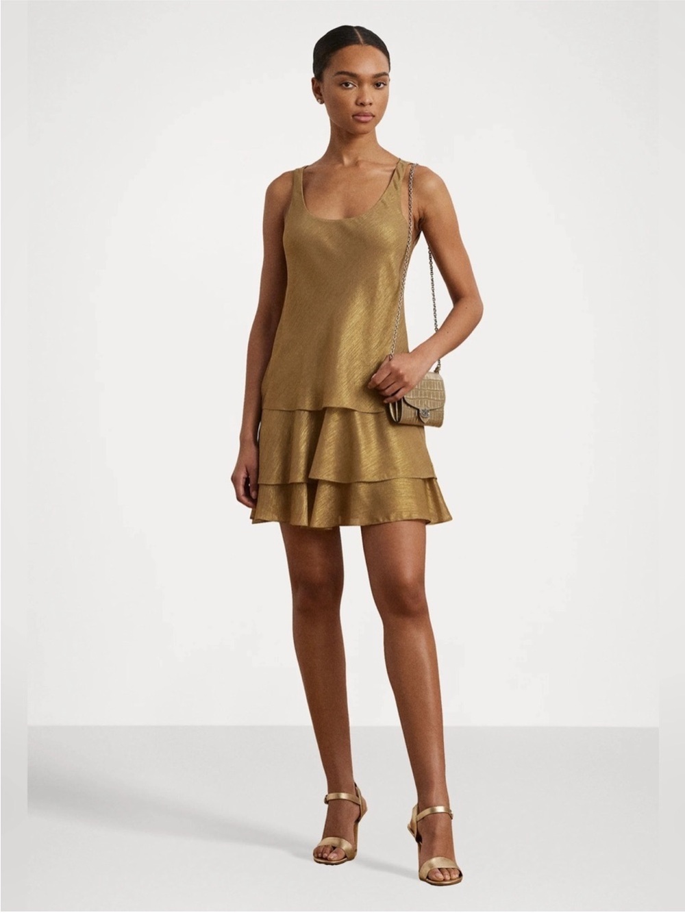 Lauren Ralph Lauren Metallic Chiffon Sleeveless Shift Dress Size 14